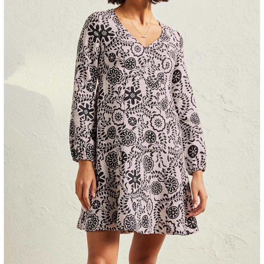 NWOT Boden 100% Linen V-Neck Flippy Dress Black White Floral Size 8L